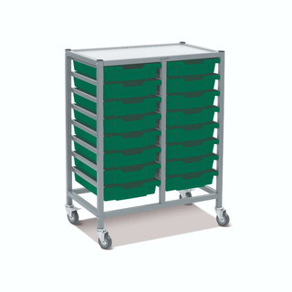 Dynamis Double Cart Silver Frame with 3" 2 Braked Casters & Optional Feet and 16, 3 inch deep Grass Green Trays. Overall Dimensions: 28" x 16.6" x 33.5" 221466