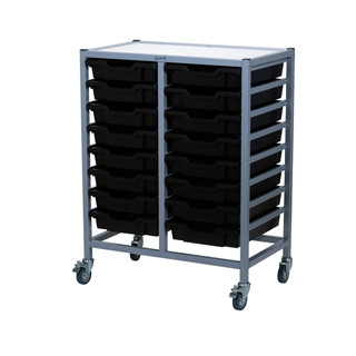 Dynamis Double Cart Silver Frame with 3" 2 Braked Casters & Optional Feet and 16, 3 inch deep Jet Black Trays. Overall Dimensions: 28" x 16.6" x 33.5"