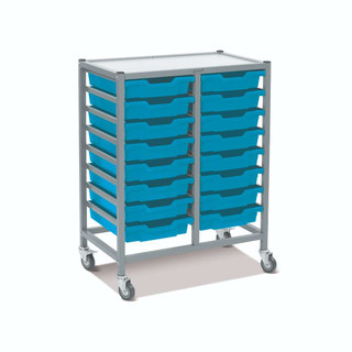 Dynamis Double Cart Silver Frame with 3" 2 Braked Casters & Optional Feet and 16 , 3 inch deep Cyan Blue Trays. Overall Dimensions: 28" x 16.6" x 33.5" 221474