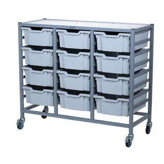 Dynamis Triple Cart Silver Frame with 3" 2 Braked Casters & Optional Feet and 12 , 6 inch deep Light Gray Trays. Overall Dimensions: 41.5" x 16.6" x 33.5" 221480