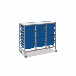 Dynamis Triple Cart Silver Frame with 3" 2 Braked Casters & Optional Feet and 12, 6 inch deep Royal Blue Trays. Overall Dimensions: 41.5" x 16.6" x 33.5"
