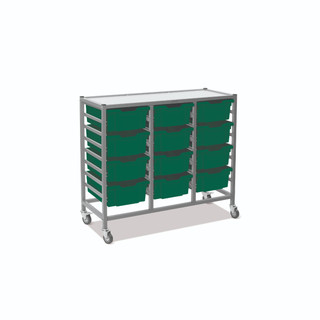 Dynamis Triple Cart Silver Frame with 3" 2 Braked Casters & Optional Feet and 12 , 6 inch deep Grass Green Trays. Overall Dimensions: 41.5" x 16.6" x 33.5"