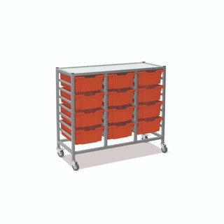 Dynamis Triple Cart Silver Frame with 3" 2 Braked Casters & Optional Feet and 12 , 6 inch deep Tropical Orange Trays. Overall Dimensions: 41.5" x 16.6" x 33.5" 221492
