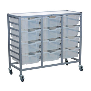 Dynamis Triple Cart Silver Frame with 3" 2 Braked Casters & Optional Feet and 12 , 6 inch deep Translucent Trays. Overall Dimensions: 41.5" x 16.6" x 33.5" 221494