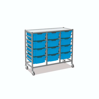 Dynamis Triple Cart Silver Frame with 3" 2 Braked Casters & Optional Feet and 12, 6 inch deep Cyan Blue Trays. Overall Dimensions: 41.5" x 16.6" x 33.5" 221498