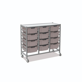 Dynamis Triple Cart Silver Frame with 3" 2 Braked Casters & Optional Feet and 12 , 6 inch deep Silver Trays. Overall Dimensions: 41.5" x 16.6" x 33.5"