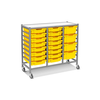 Dynamis Triple Cart Silver Frame with 3" 2 Braked Casters & Optional Feet and 16-3 inch deep and 4-6 inch deep Sunshine Yellow Trays. Overall Dimensions: 41.5" x 16.6" x 33.5" 221506