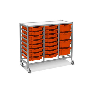 Dynamis Triple Cart Silver Frame with 3" 2 Braked Casters & Optional Feet and 16-3 Inch Deep and 4-6 Inch Deep Tropical Orange Trays, Overall Dimensions: 41.5" x 16.6" x 33.5"_main