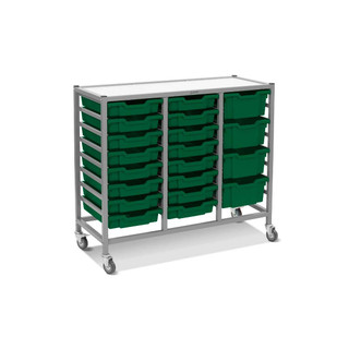 Dynamis Triple Cart Silver Frame with 3" 2 Braked Casters & Optional Feet and 16-3 inch deep and 4-6 inch deep Grass Green Trays. Overall Dimensions: 41.5" x 16.6" x 33.5" 221514 Dynamis Triple Cart Silver Frame with 3" 2 Braked Casters & Optional Feet and 16-3 inch deep and 4-6 inch deep Grass Green Trays. Overall Dimensions: 41.5" x 16.6" x 33.5" 221514