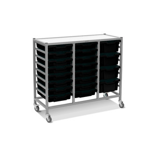 Dynamis Triple Cart Silver Frame with 3" 2 Braked Casters & Optional Feet and 16-3 inch deep and 4-6 inch deep Jet Black Trays. Overall Dimensions: 41.5" x 16.6" x 33.5"