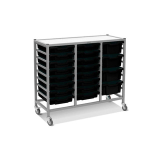 Dynamis Triple Cart Silver Frame with 3" 2 Braked Casters & Optional Feet and 16-3 Inch Deep and 4-6 Inch Deep Jet Black Trays, Overall Dimensions: 41.5" x 16.6" x 33.5"_main