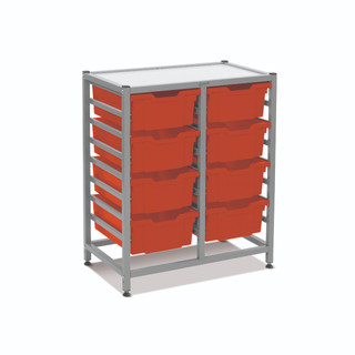 Dynamis Double Cart Silver Frame with 3" 2 Braked Casters & Optional Feet and 8, 6 inch deep Tropical Orange Trays. Overall Dimensions: 28" x 16.6" x 33.5"