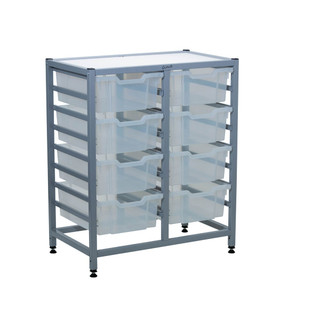Dynamis Double Cart Silver Frame with 3" 2 Braked Casters & Optional Feet and 8, 6 inch deep Translucent Trays. Overall Dimensions: 28" x 16.6" x 33.5"