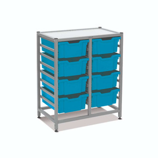 Dynamis Double Cart Silver Frame with 3" 2 Braked Casters & Optional Feet and 8, 6 inch deep Cyan Blue Trays. Overall Dimensions: 28" x 16.6" x 33.5" 221546