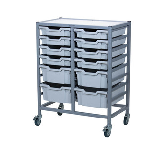 Dynamis Double Cart Silver Frame with 3" 2 Braked Casters & Optional Feet and 8- 3 inch deep and 4-6 inch Light Gray Trays. Overall Dimensions: 28" x 16.6" x 33.5"