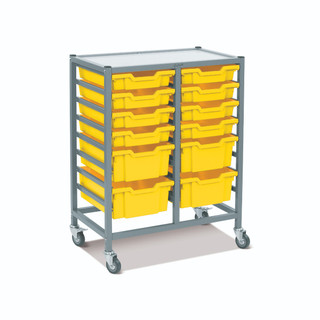 Dynamis Double Cart Silver Frame with 3" 2 Braked Casters & Optional Feet and 8- 3 inch deep and 4-6 inch Sunshine Yellow Trays. Overall Dimensions: 28" x 16.6" x 33.5"