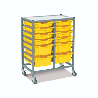 Dynamis Double Cart Silver Frame with 3" 2 Braked Casters & Optional Feet and 8- 3 inch deep and 4-6 inch Sunshine Yellow Trays. Overall Dimensions: 28" x 16.6" x 33.5" 221554