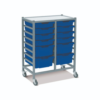 Dynamis Double Cart Silver Frame with 3" 2 Braked Casters & Optional Feet and 8- 3 inch deep and 4-6 inch Royal Blue Trays . Overall Dimensions: 28" x 16.6" x 33.5"