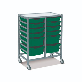 Dynamis Double Cart Silver Frame with 3" 2 Braked Casters & Optional Feet and 8- 3 inch deep and 4-6 inch Grass Green Trays. Overall Dimensions: 28" x 16.6" x 33.5"