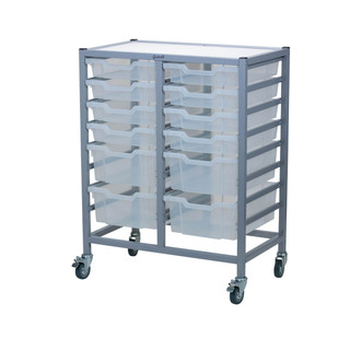 Dynamis Double Cart Silver Frame with 3" 2 Braked Casters & Optional Feet and 8- 3 inch deep and 4-6 inch Translucent Trays. Overall Dimensions: 28" x 16.6" x 33.5"