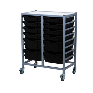 Dynamis Double Cart Silver Frame with 3" 2 Braked Casters & Optional Feet and 8- 3 inch deep and 4-6 inch Jet Black Trays. Overall Dimensions: 28" x 16.6" x 33.5" 221568