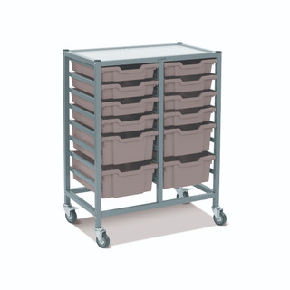 Dynamis Double Cart Silver Frame with 3" 2 Braked Casters & Optional Feet and 8- 3 inch deep and 4-6 inch Silver Trays. Overall Dimensions: 28" x 16.6" x 33.5"