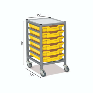 Dynamis Low Single Cart Silver Frame with 3" 2 Braked Casters & Optional Feet and 6 Shallow 3 inch deep Sunshine Yellow Trays. Overall Dimensions: 14.6" x 16.6" x 28.2" 221578
