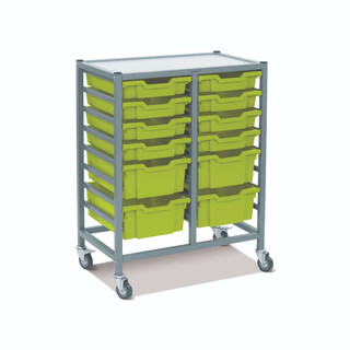 Dynamis Double Cart Silver Frame with 3" 2 Braked Casters & Optional Feet and 8- 3 inch deep and 4-6 inch Jolly Lime Trays. Overall Dimensions: 28" x 16.6" x 33.5" 221574