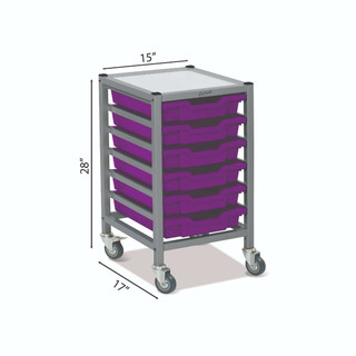 Dynamis Low Single Cart Silver Frame with 3" 2 Braked Casters & Optional Feet and 6 Shallow 3 inch deep Plum Purple Trays. Overall Dimensions: 14.6" x 16.6" x 28.2" 221580