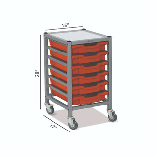 Dynamis Low Single Cart Silver Frame with 3" 2 Braked Casters & Optional Feet and 6 Shallow 3 inch deep Tropical Orange Trays. Overall Dimensions: 14.6" x 16.6" x 28.2" 221582