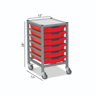 Dynamis Low Single Cart Silver Frame with 3" 2 Braked Casters & Optional Feet and 6 Shallow 3 inch deep Flame Red Trays. Overall Dimensions: 14.6" x 16.6" x 28.2"