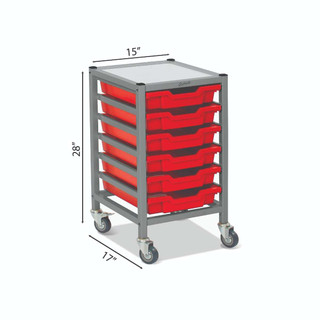 Dynamis Low Single Cart Silver Frame with 3" 2 Braked Casters & Optional Feet and 6 Shallow 3 inch deep Flame Red Trays. Overall Dimensions: 14.6" x 16.6" x 28.2" 221584