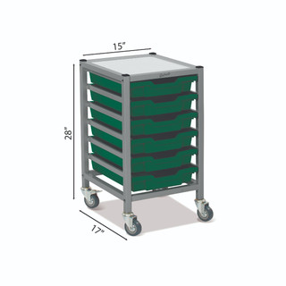 Dynamis Low Single Cart Silver Frame with 3" 2 Braked Casters & Optional Feet and 6 Shallow 3 inch deep Grass Green Trays. Overall Dimensions: 14.6" x 16.6" x 28.2"