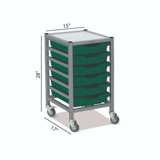 Dynamis Low Single Cart Silver Frame with 3" 2 Braked Casters & Optional Feet and 6 Shallow 3 Inch Deep Grass Green Trays, Overall Dimensions: 14.6" x 16.6" x 28.2"_main