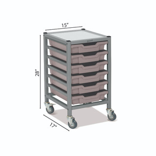 Dynamis Low Single Cart Silver Frame with 3" 2 Braked Casters & Optional Feet and 6 Shallow 3 inch deep Light Gray Trays. Overall Dimensions: 14.6" x 16.6" x 28.2"