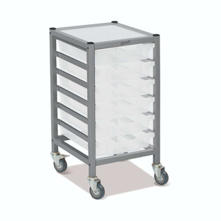 Dynamis Low Single Cart Silver Frame with 3" 2 Braked Casters & Optional Feet and 6 Shallow 3 inch deep Translucent Trays . Overall Dimensions: 14.6" x 16.6" x 28.2" 221590