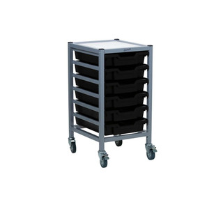 Dynamis Low Single Cart Silver Frame with 3" 2 Braked Casters & Optional Feet and 6 Shallow 3 inch deep Jet Black Trays . Overall Dimensions: 14.6" x 16.6" x 28.2" 221592