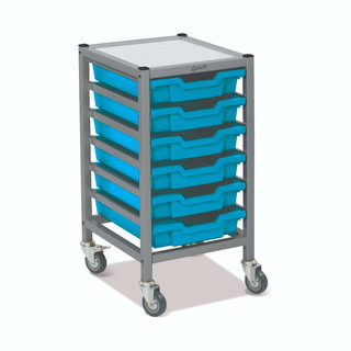 Dynamis Low Single Cart Silver Frame with 3" 2 Braked Casters & Optional Feet and 6 Shallow 3 inch deep Cyan Blue Trays. Overall Dimensions: 14.6" x 16.6" x 28.2" 221594