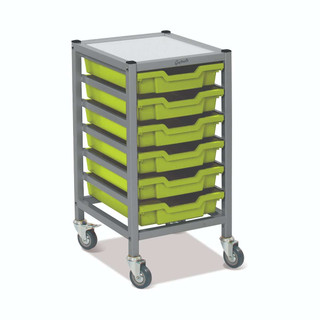 Dynamis Low Single Cart Silver Frame with 3" 2 Braked Casters & Optional Feet and 6 Shallow 3 inch deep Jolly Lime Trays. Overall Dimensions: 14.6" x 16.6" x 28.2" 221598