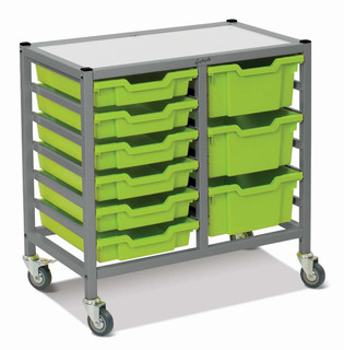 Dynamis Low Double Cart Silver Frame with 3" Casters, 2 braked & Feet 6-3 inch and 3- 6 inch Jolly Lime Trays. Overall Dimensions: 28" x 16.6" x 28.2" 221600