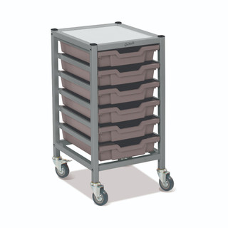 Dynamis Low Single Cart Silver Frame with 3" 2 Braked Casters & Optional Feet and 6 Shallow 3 inch deep Silver Trays. Overall Dimensions: 14.6" x 16.6" x 28.2"