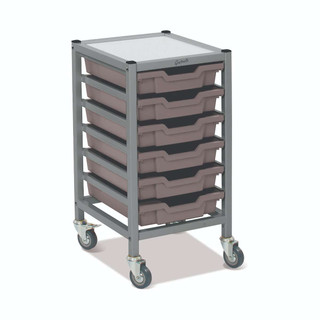 Dynamis Low Single Cart Silver Frame with 3" 2 Braked Casters & Optional Feet and 6 Shallow 3 inch deep Silver Trays. Overall Dimensions: 14.6" x 16.6" x 28.2" 221596