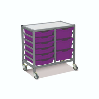 Dynamis Low Double Cart Silver Frame with 3" Casters, 2 braked & Feet 6-3 inch and 3- 6 inch Plum Purple Trays. Overall Dimensions: 28" x 16.6" x 28.2" 221604