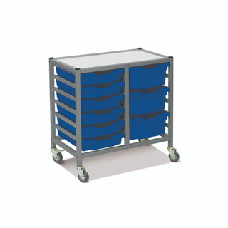 Dynamis Low Double Cart Silver Frame with 3" Casters, 2 braked & Feet 6-3 inch and 3- 6 inch Royal Blue Trays . Overall Dimensions: 28" x 16.6" x 28.2"
