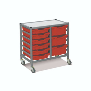 Dynamis Low Double Cart Silver Frame with 3" Casters, 2 braked & Feet 6-3 inch and 3- 6 inch Flame Red Trays. Overall Dimensions: 28" x 16.6" x 28.2" 221608