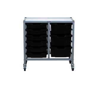 Dynamis Low Double Cart Silver Frame with 3" Casters, 2 braked & Feet 6-3 inch and 3- 6 inch Jet Black Trays. Overall Dimensions: 28" x 16.6" x 28.2"