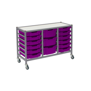Dynamis Low Triple Cart Silver Frame with 3" Casters, 2 braked & Feet 12- 3 inch and 3- 6 inch deep Plum Purple Trays. Overall Dimensions: 41.5" x 16.6" x 28.2"