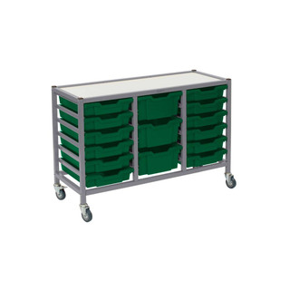 Dynamis Low Triple Cart Silver Frame with 3" Casters, 2 braked & Feet 12- 3 inch and 3- 6 inch deep Grass Green Trays. Overall Dimensions: 41.5" x 16.6" x 28.2" 221636
