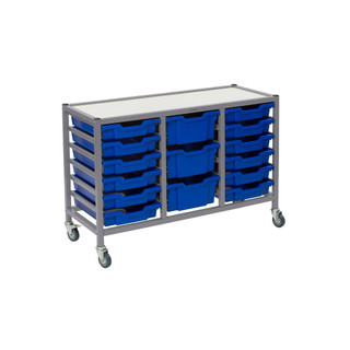 Dynamis Low Triple Cart Silver Frame with 3" Casters, 2 braked & Feet 12- 3 inch and 3- 6 inch deep Royal Blue Trays . Overall Dimensions: 41.5" x 16.6" x 28.2"