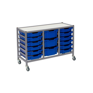Dynamis Low Triple Cart Silver Frame with 3" Casters, 2 braked & Feet 12- 3 inch and 3- 6 inch deep Royal Blue Trays . Overall Dimensions: 41.5" x 16.6" x 28.2" 221632